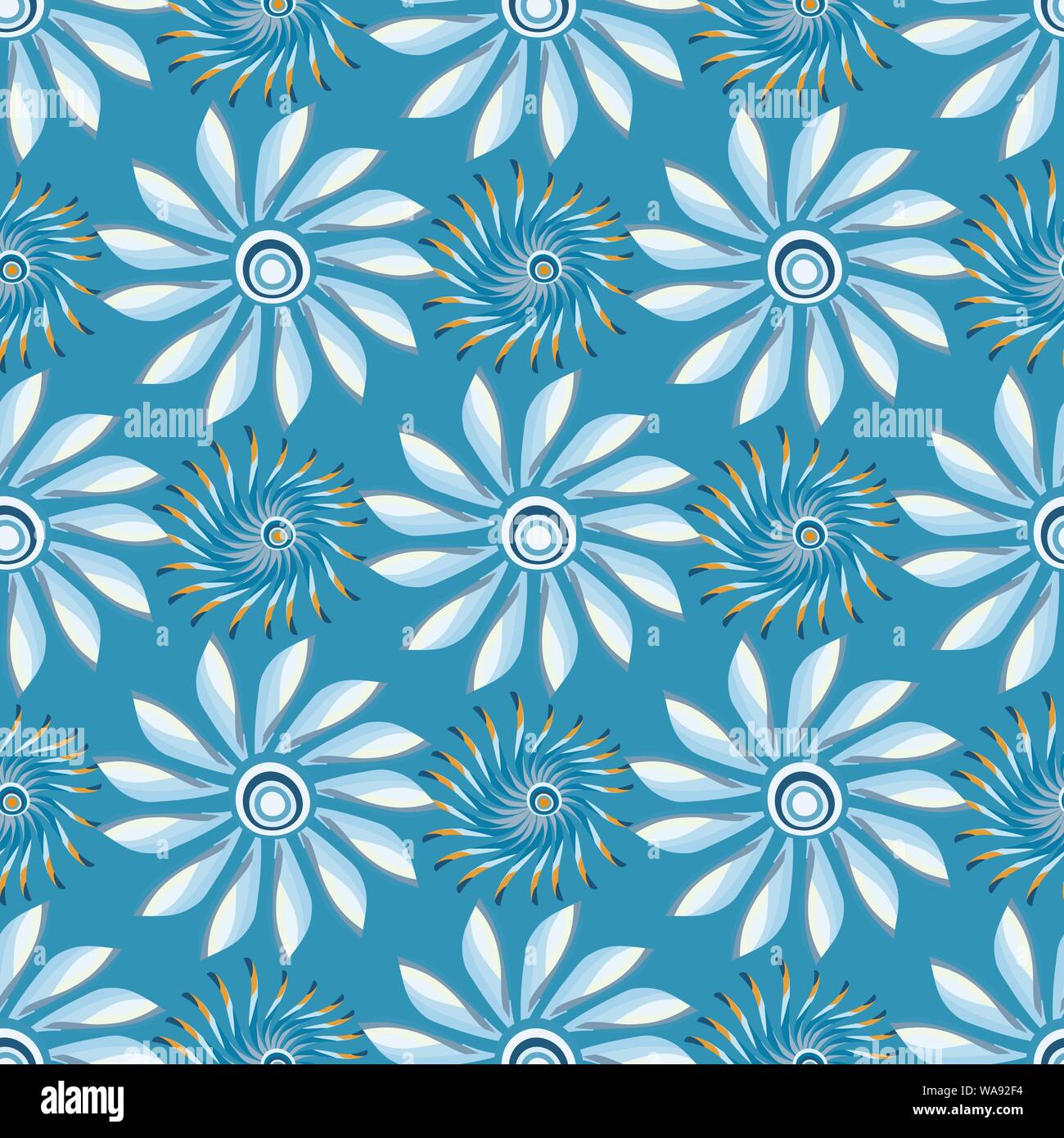 bright abstract flowers on a blue background seamless pattern vector ...