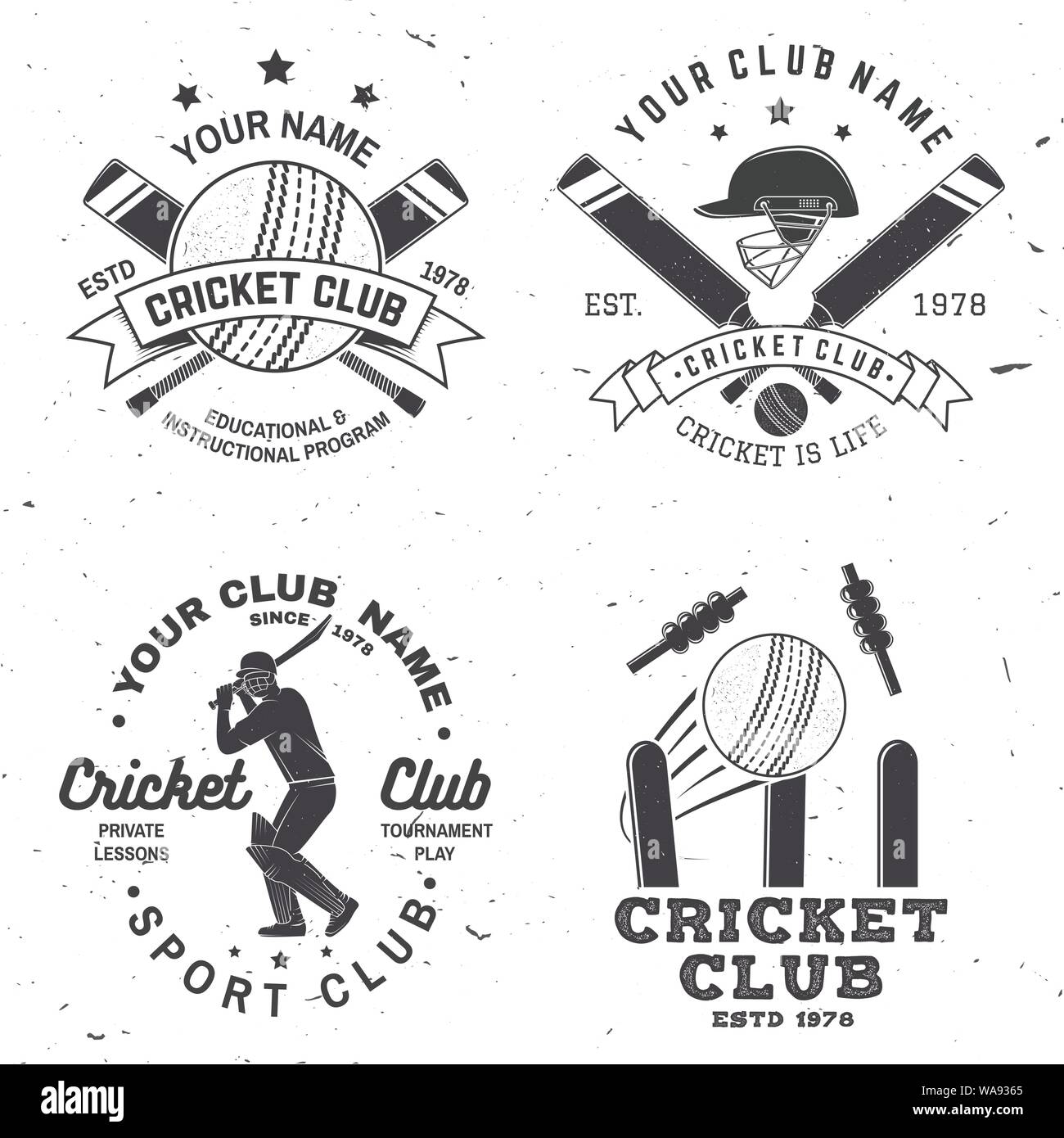 Set of cricket club badges. Vector. Concept for shirt, print, stamp or tee. Vintage typography design with cricket batsman, ball, wicket, bail and helmet silhouette. Templates for sports club. Stock Vector