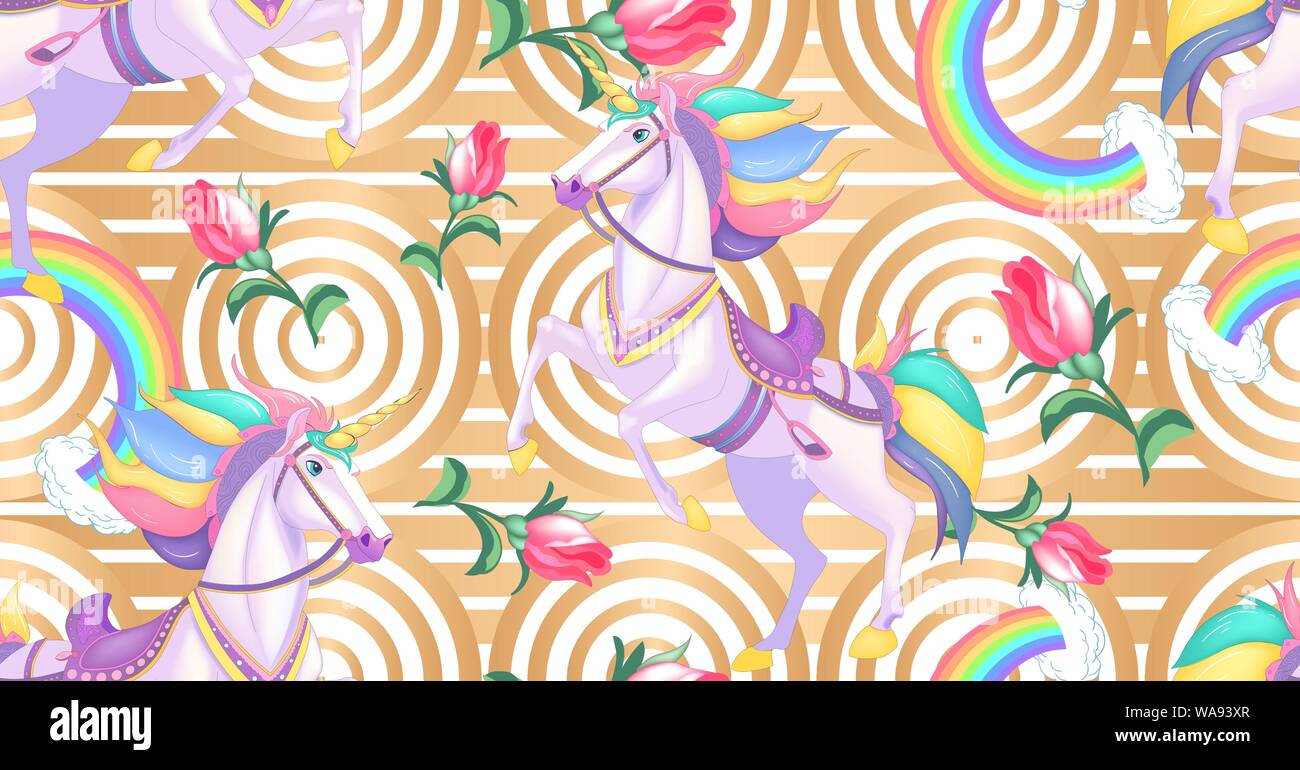Cute white unicorns with rainbow hair on golden stripes seamless vector ...