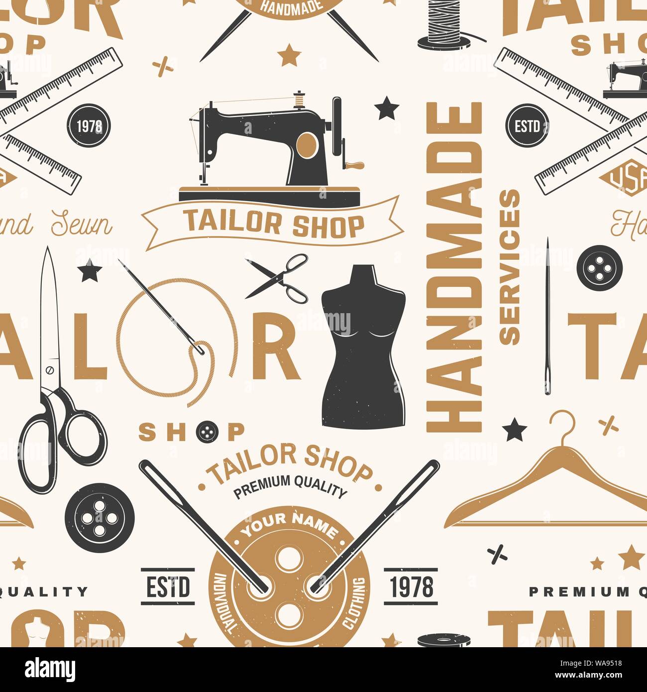 Tailor shop seamless pattern or background. Vector illustration