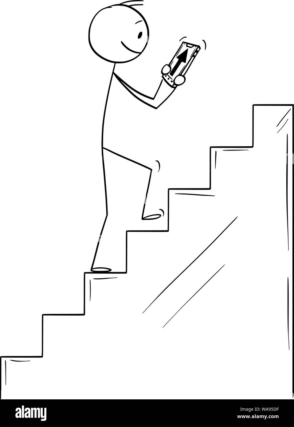 Vector cartoon stick figure drawing conceptual illustration of man climbing upstairs following incorrect navigation in mobile phone ignoring the edge in his way. Stock Vector