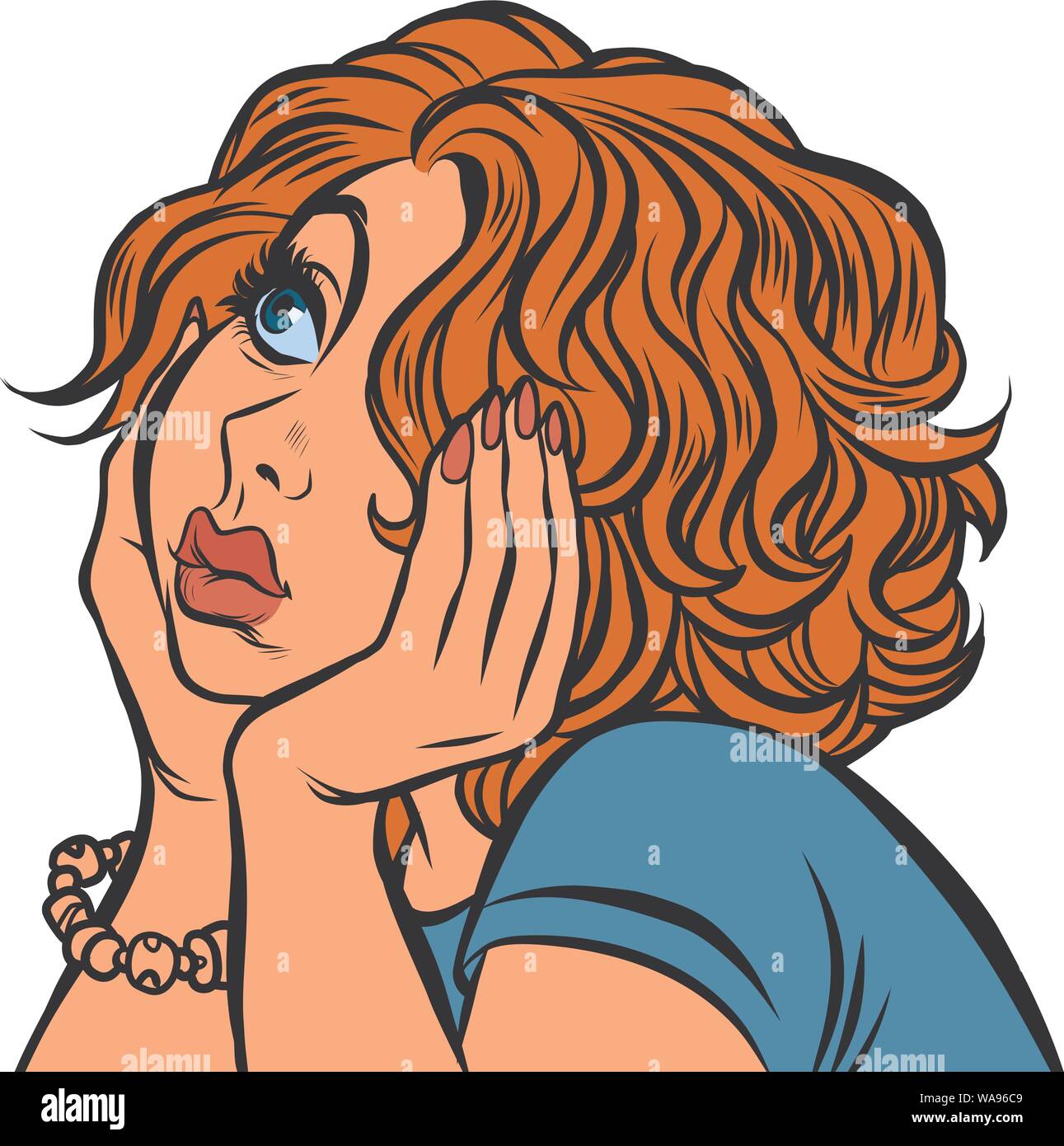 red haired young woman sad. Pop art retro vector illustration drawing ...