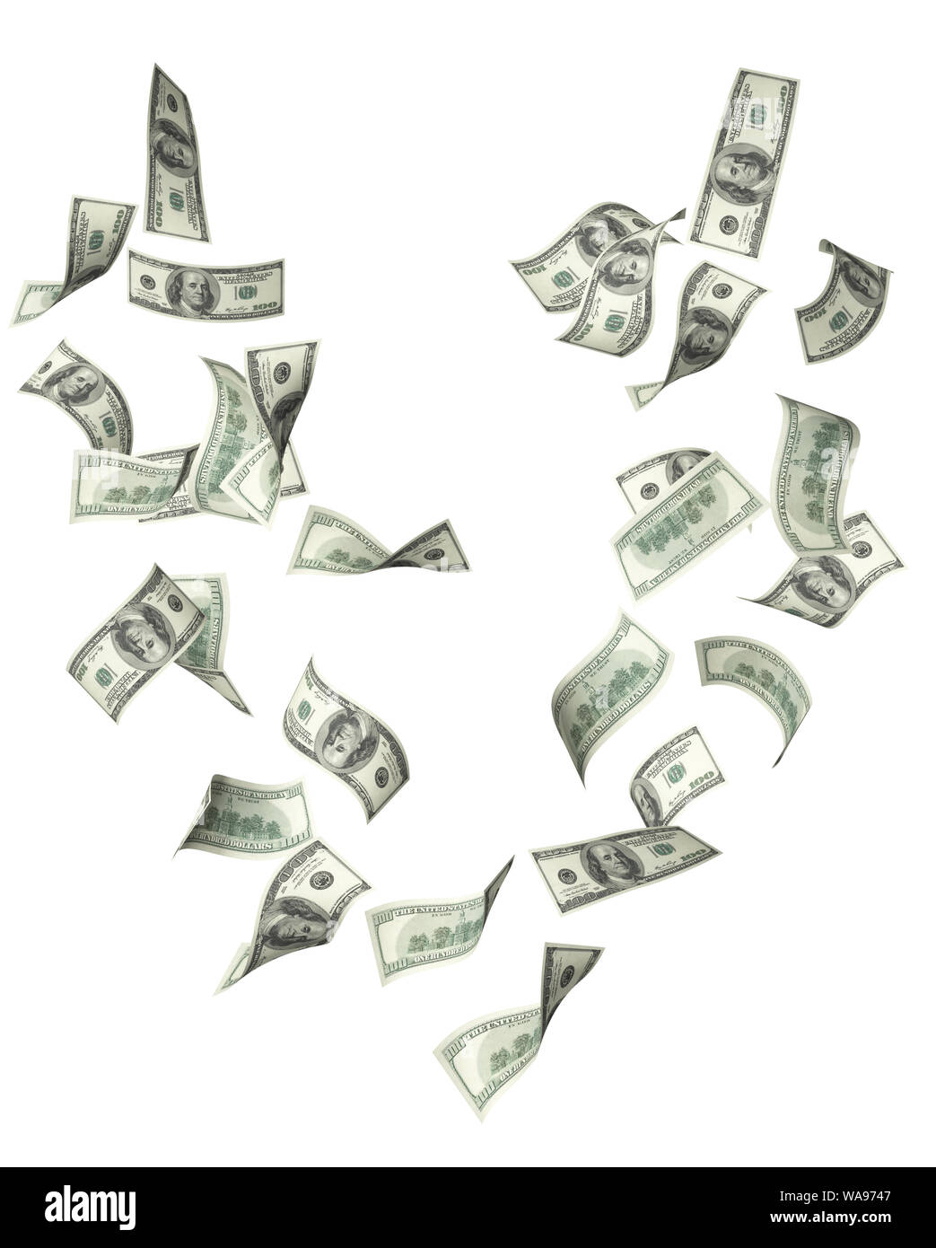 Flying banknotes of hundred dollars. Isolated on white background. 3d ...