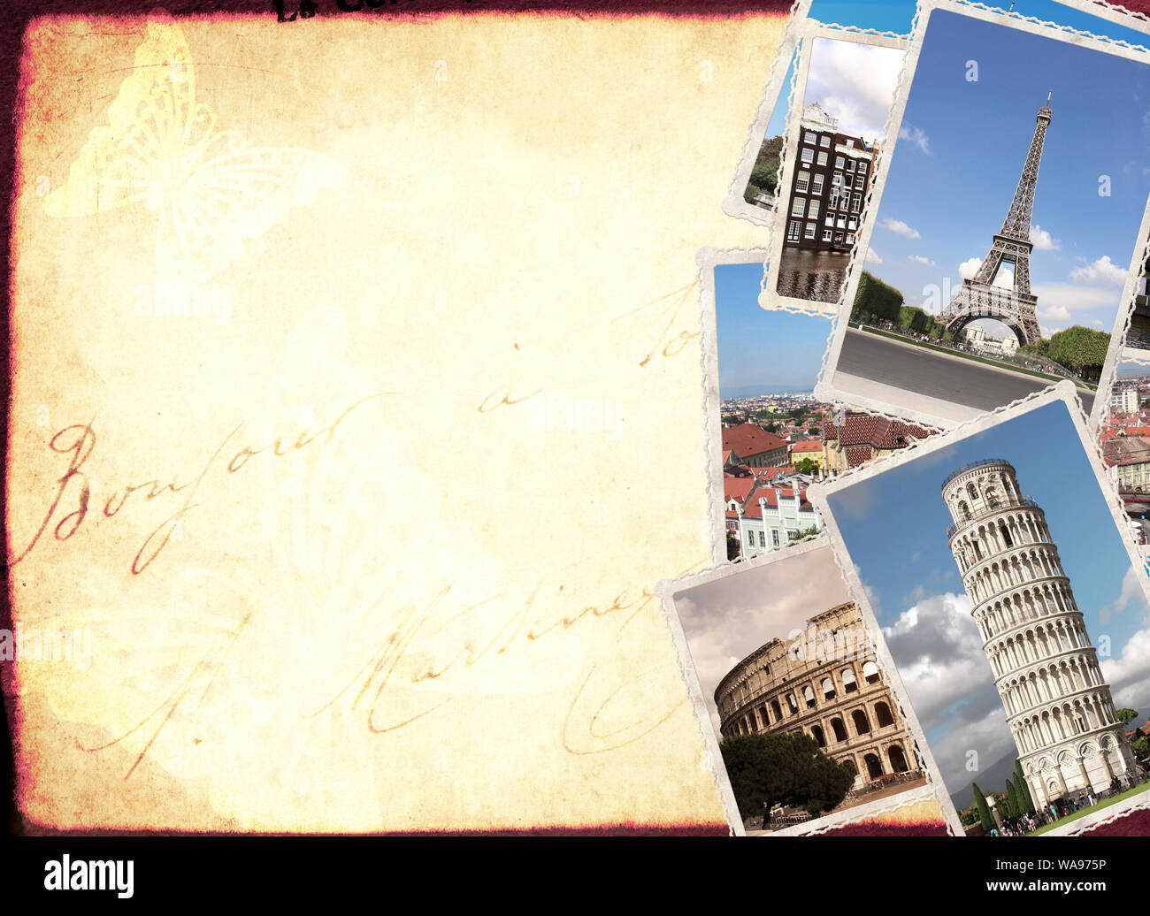 Vintage travel background with old paper texture and retro photos of ...