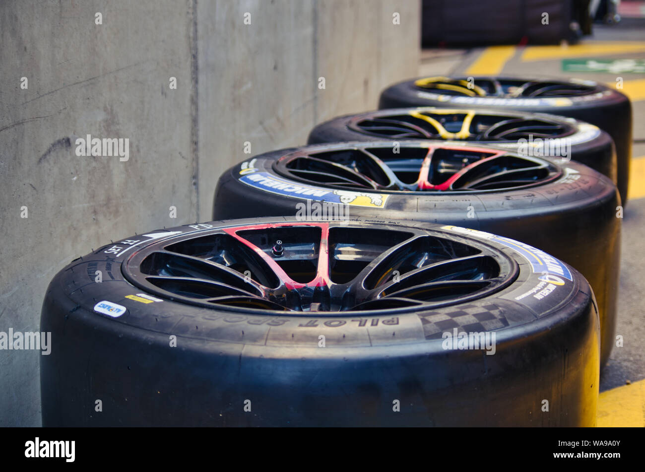 Slick tyres prepared and ready for the next auto competition at International GT Open Championship Stock Photo
