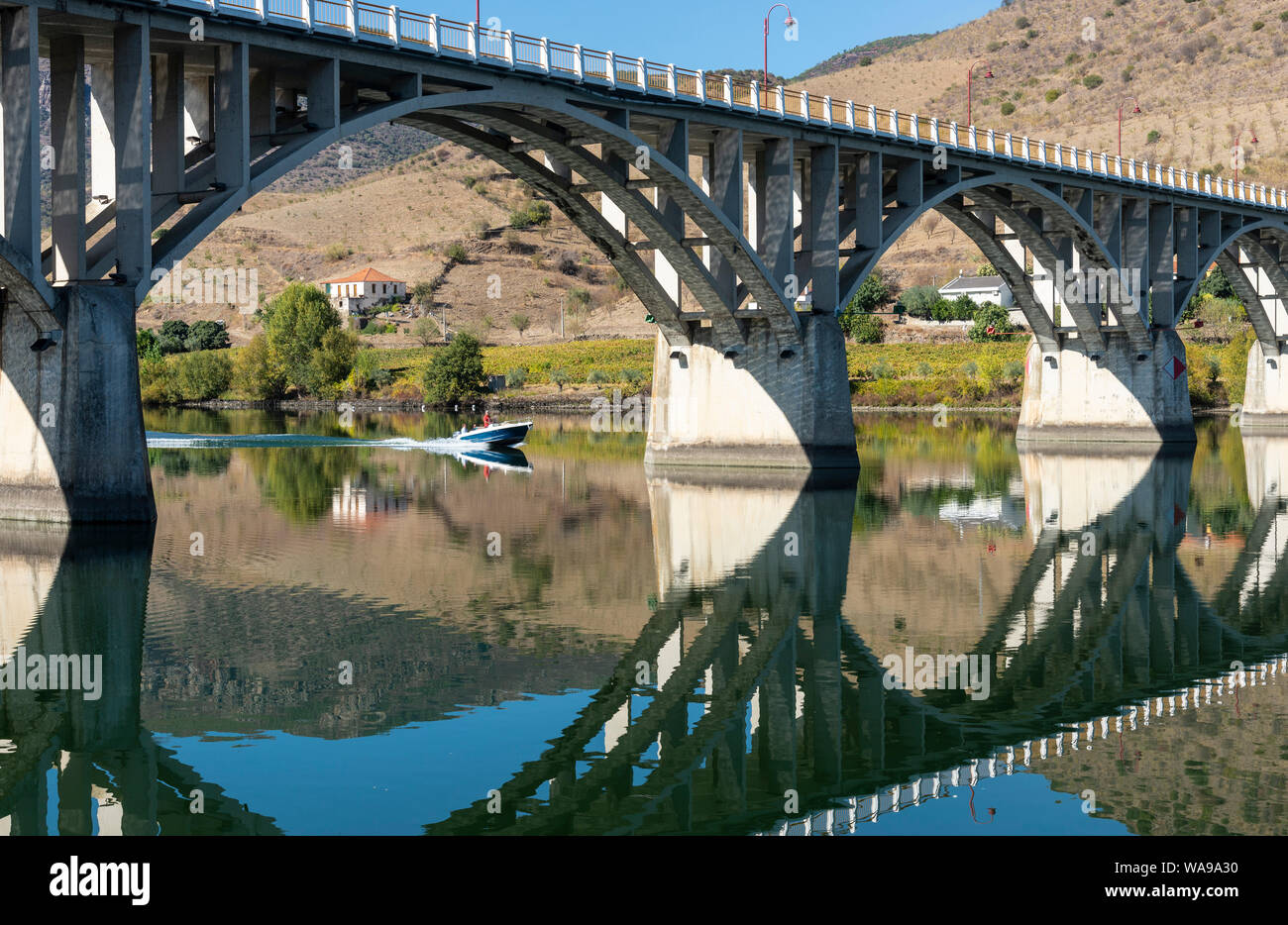 The bridge across the Douro and Agueda rivers at  Barca de Alva in the Douro International Natural Park, in the Tras-os-Montes e Alto Douro region of Stock Photo