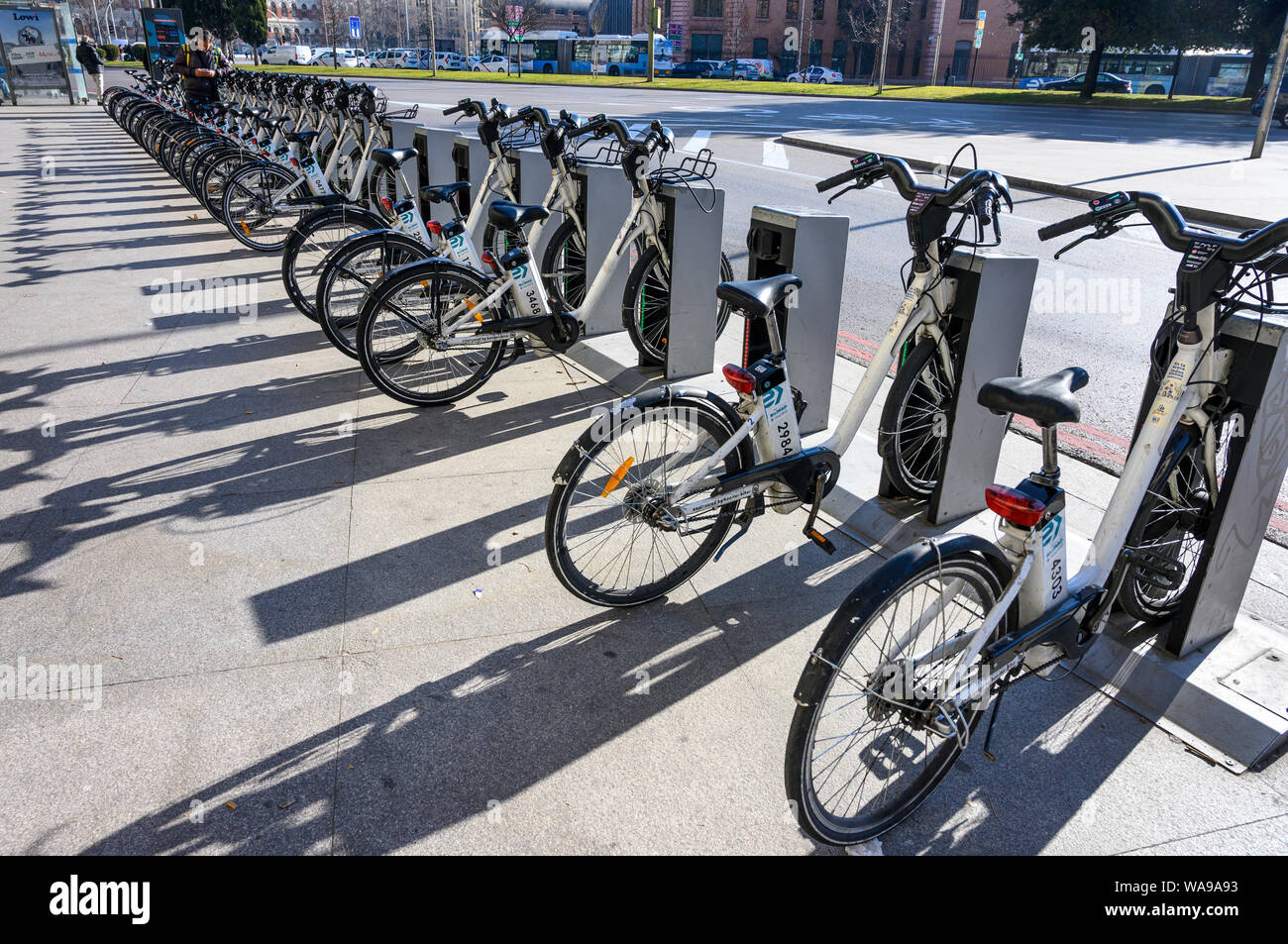 BiciMad. Madrid's electric bicycle rental public transport system. Atocha, Madrid, Spain. Stock Photo