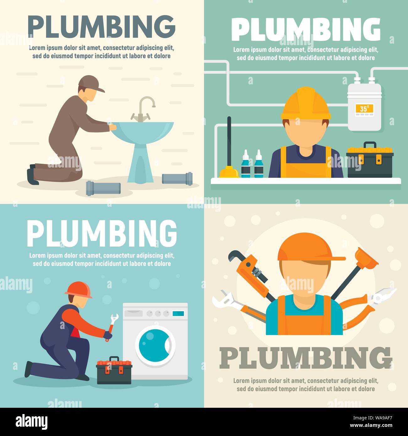 Plumbing banner set. Flat illustration of plumbing vector banner set for web design Stock Vector
