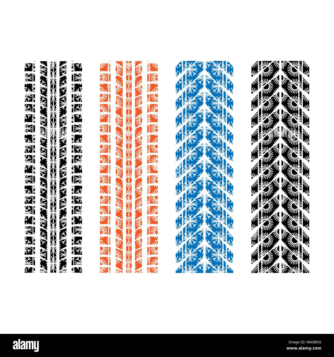 Set of four tire tracks silhouettes with winter and summer patterns Stock Vector