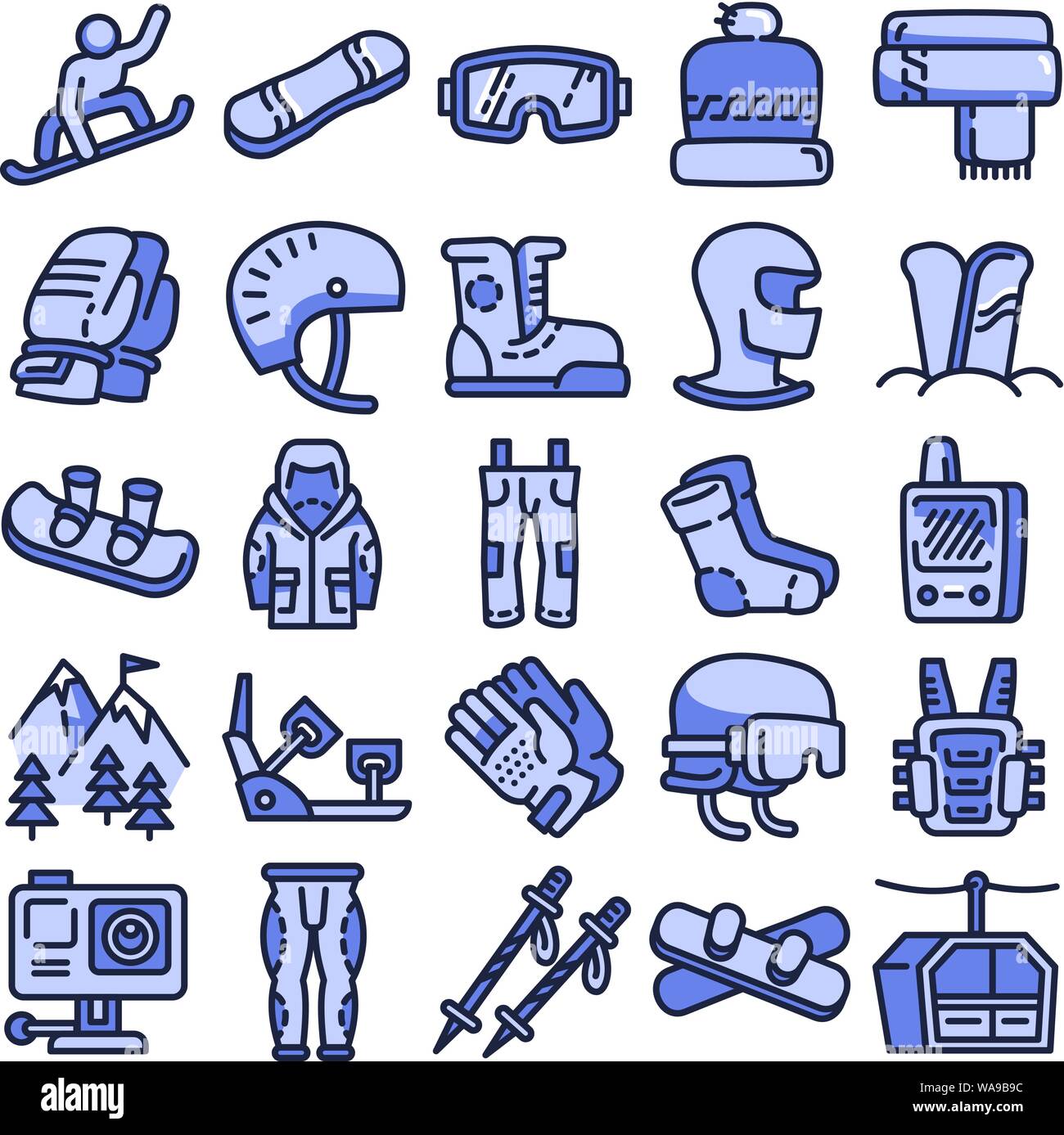 Snowboarding equipment icons set. Outline set of snowboarding equipment ...