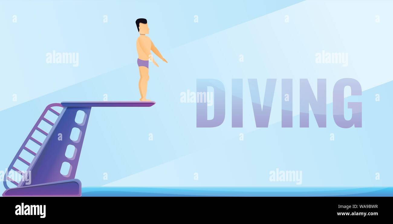 Man diving board concept banner. Cartoon illustration of man diving board vector concept banner