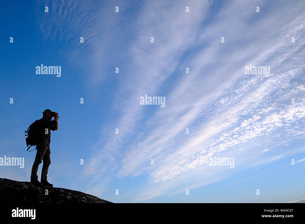 Birdwatcher silhouetted against clouds. Taejo International Park. Extremadura. Spain. Stock Photo