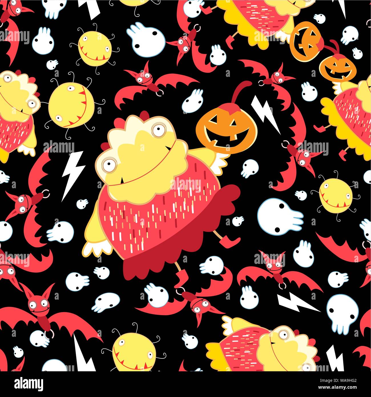 Halloween seamless bright festive pattern with monsters and bats. Stock Vector