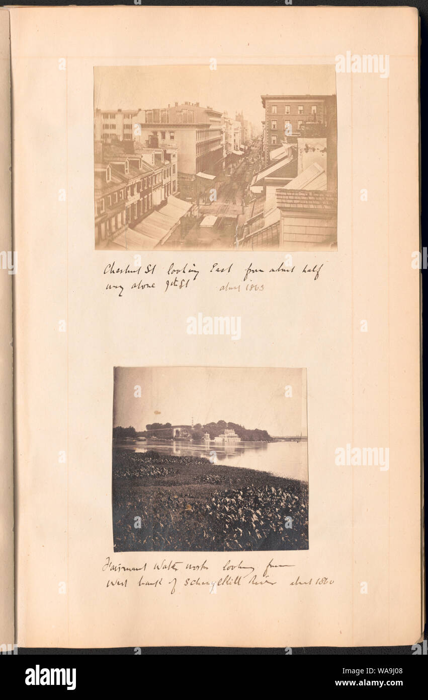 Chestnut St. looking east from about half way above 9th St., about 1863 Fairmount Water Works looking from west bank of Schuylkill River, about 1860. Stock Photo