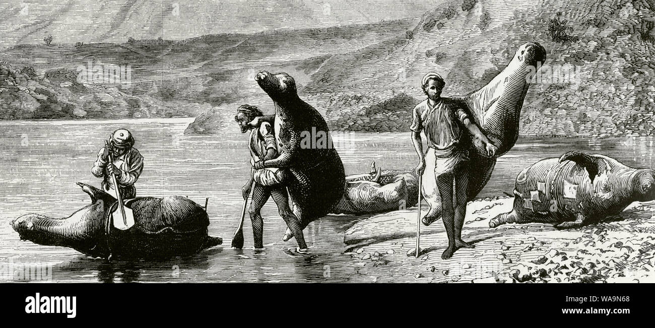 Northwestern India, Punjab. Native population crossing the Beas river with inflated skins (mussaks). Engraving. La Ilustracion Española y Americana, April 8, 1876. Stock Photo