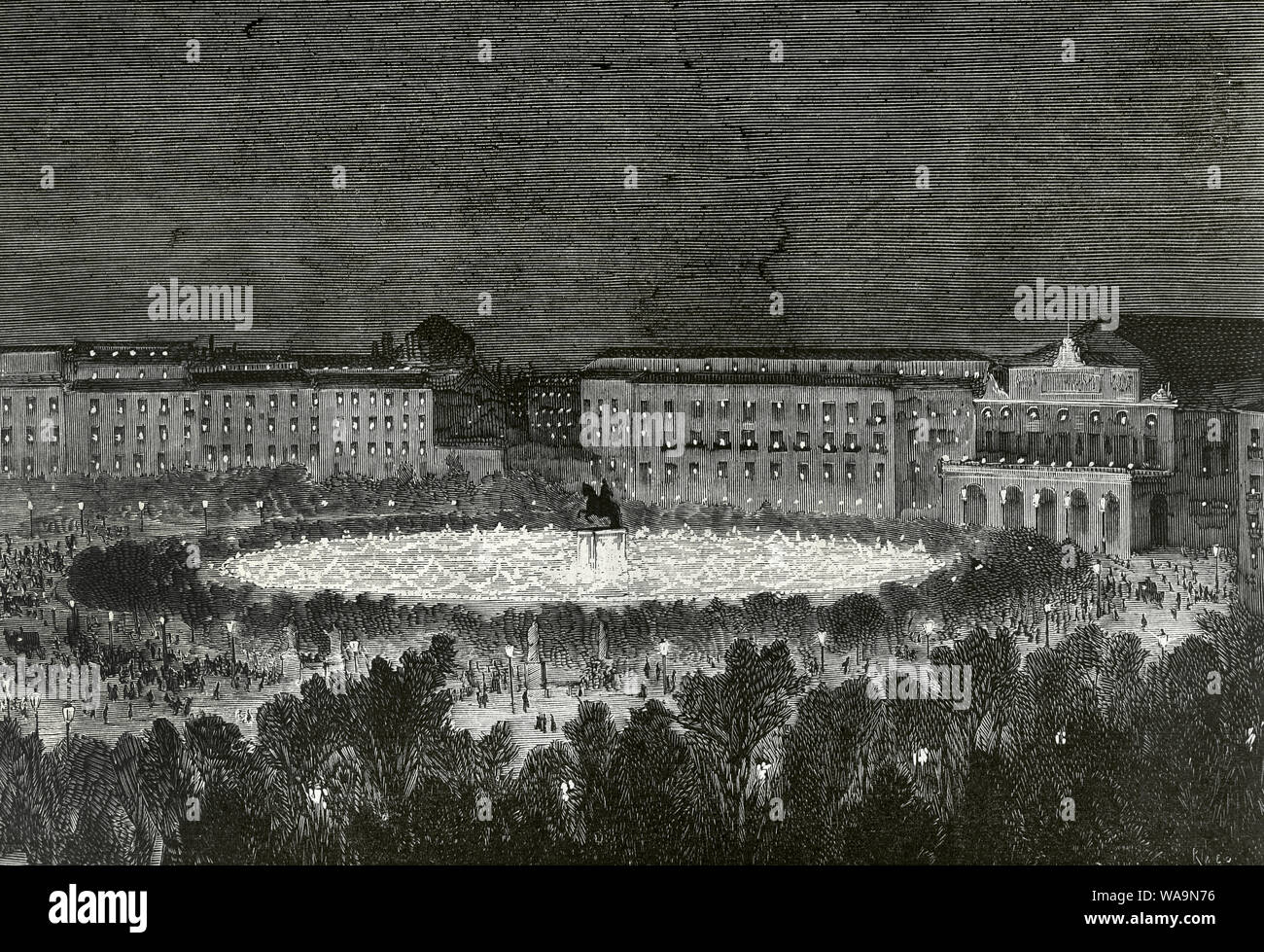History of Spain. The Bourbon Restoration. Reign of Alfonso XII (1874-1885). Madrid, March 20, 1876. Celebrations on the occasion of the end of the Third Carlist War. Lighting of the Plaza de Oriente (Oriente Square). The garden lit in Venetian style. Engraving by Rico. La Ilustracion Española y Americana. March 30, 1876. Stock Photo