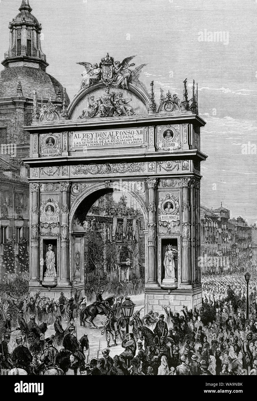 History of Spain. The Bourbon Restoration. Reign of Alfonso XII (1874-1885). Madrid. Triumphal arch built at the junction of the streets Alcala and Peligros, to greet King Alfonso XII on March 20, 1876, after the end of the Third Carlist War in 1876. Arch defrayed from the ladies of the 'Asociacion para socorrer a heridos e inutilizados del Ejercito' (Association to help the wounded and disabled of the Army) during the Carlist wars). Life drawing by Juan Comba. Engraving. La Ilustracion Española y Americana. March 30, 1876. Stock Photo