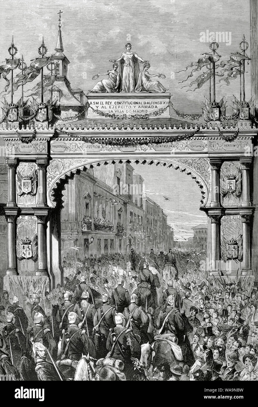 History of Spain. The Bourbon Restoration. Reign of Alfonso XII (1874-1885). Madrid. Triumphal arch erected at the expense of the City Council, next to The Villa Square (Plaza de la Villa), to greet the King Alfonso XII, on March 20, 1876, after the end of the Carlist wars. Engraving. La Ilustracion Española y Americana. April 30, 1876. Stock Photo
