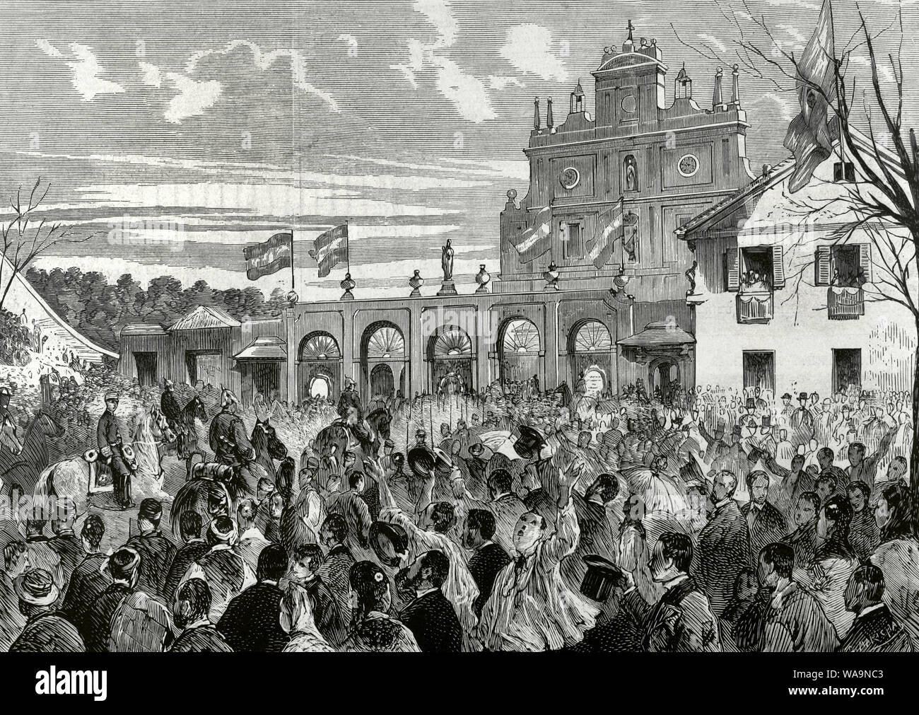 History of Spain. The Bourbon Restoration. Madrid. Arrival of the king Alfonso XII to the Basilica of Our Lady of Atocha, on March 20, 1876, to attend the Te Deum that was celebrated on thanksgiving, after the end of the Third Carlist War. That same day he entered the capital with the troops. Engraving. La Ilustracion Española y Americana. March 30, 1876. Stock Photo