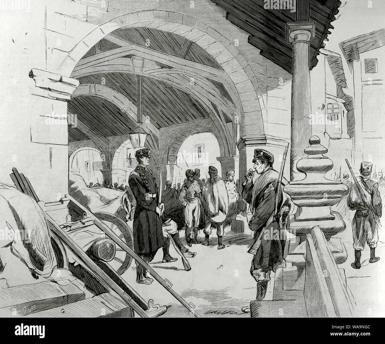 Third Carlist War (1872-1876). Final direct military confrontation between the Carlist movement and the government of Spain. Basque Country. Durango (Biscay province). Depot of artillery material on the porch of the church of Santa Maria. Engraving. La Ilustracion Española y Americana, March 8, 1876. Stock Photo