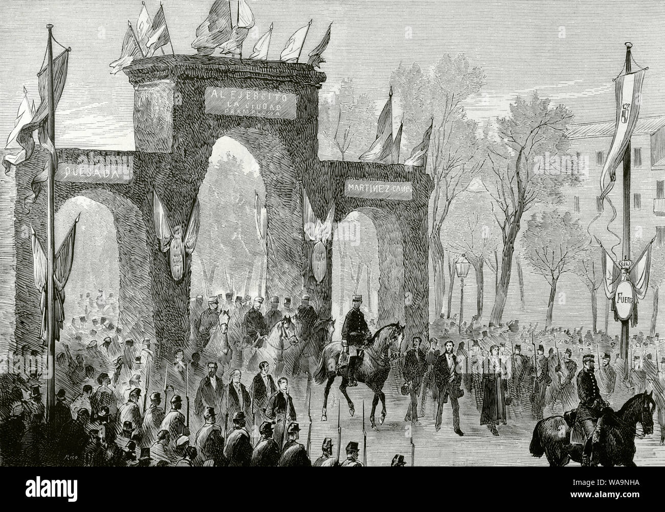 The Bourbon Restoration. Madrid, Spain. King Alfonso XII (1857-1885). Entrance of the king in the city of Pamplona (Navarre) on February 28, 1876. Engraving by Bernardo Rico. La Ilustracion Española y Americana, March 15, 1876. Stock Photo