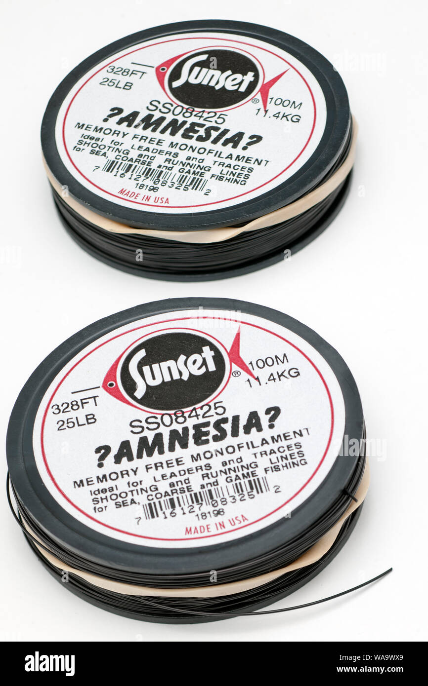 Two Spools of 25 pound Sunset Amnesia memory free mono filament fishing  line Stock Photo - Alamy