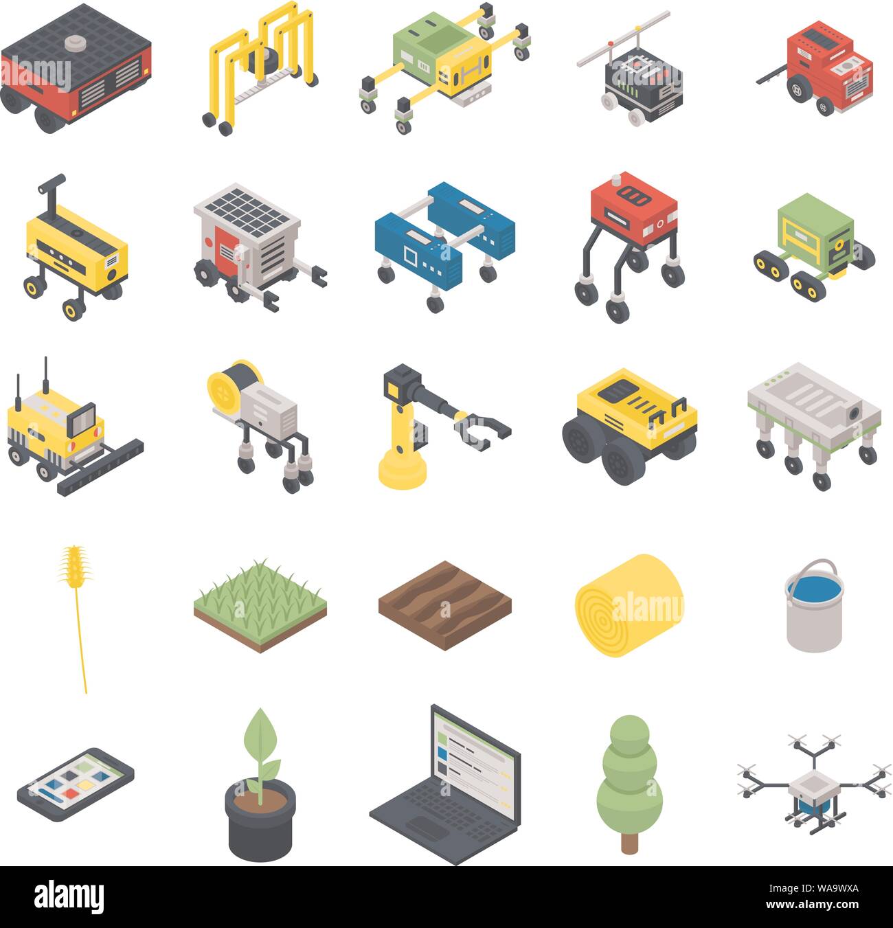 Farming robot icons set, isometric style Stock Vector
