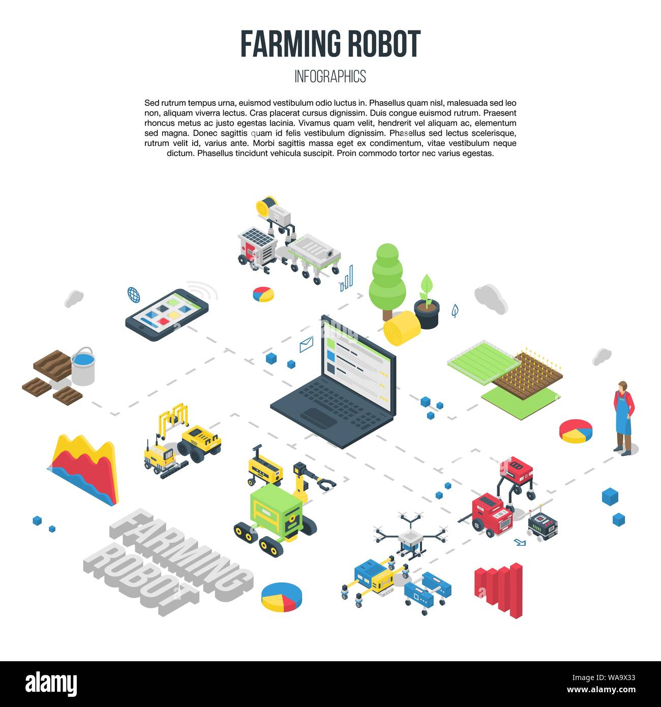 Smart farming robot concept banner, isometric style Stock Vector