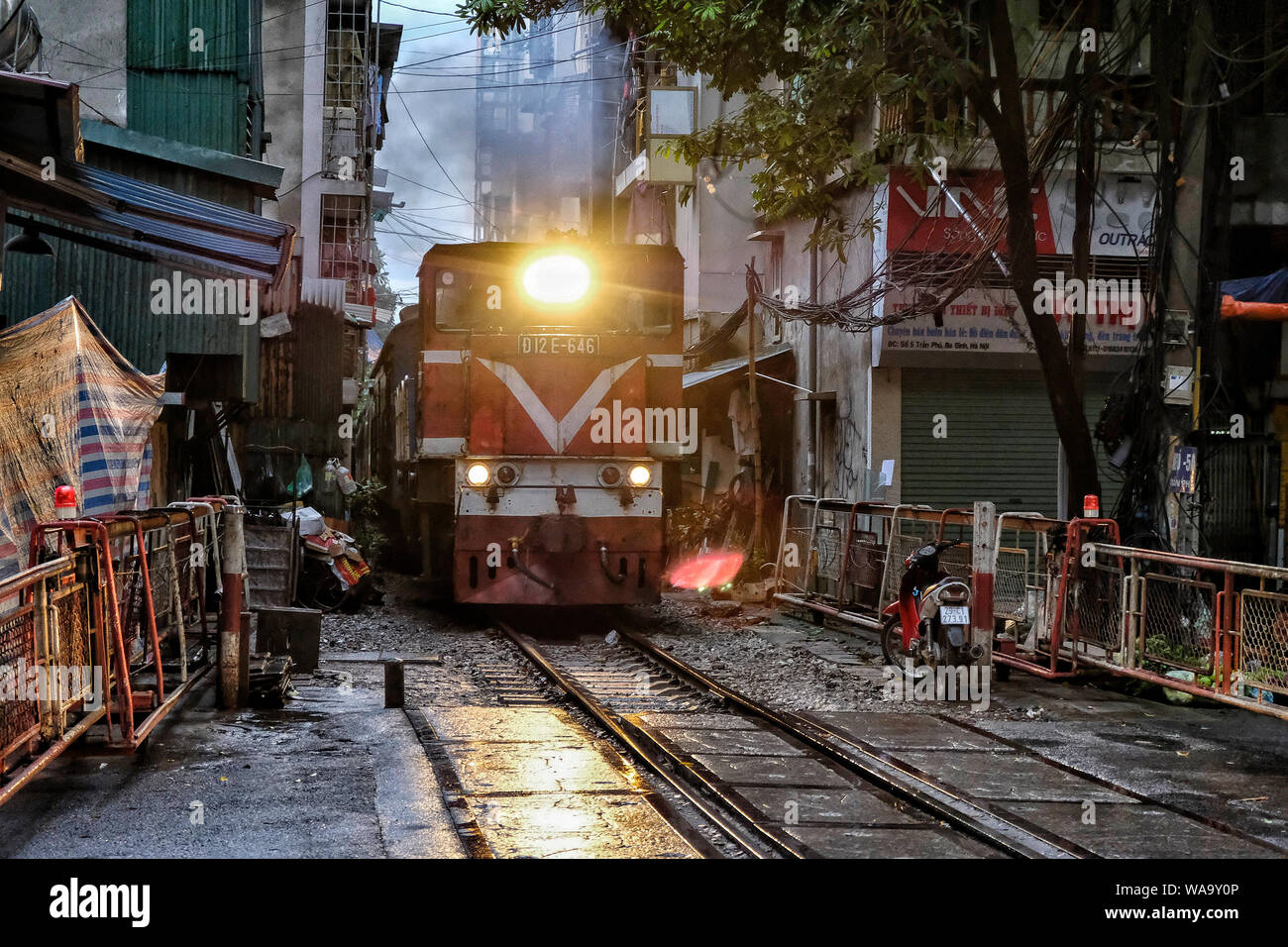 Hanoi, Vietnam August 31 Train crossing the middle of Hanoi city