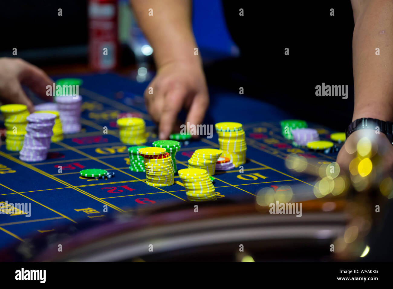 Roulette table with human hands putting down chips in casino. Roulette ...