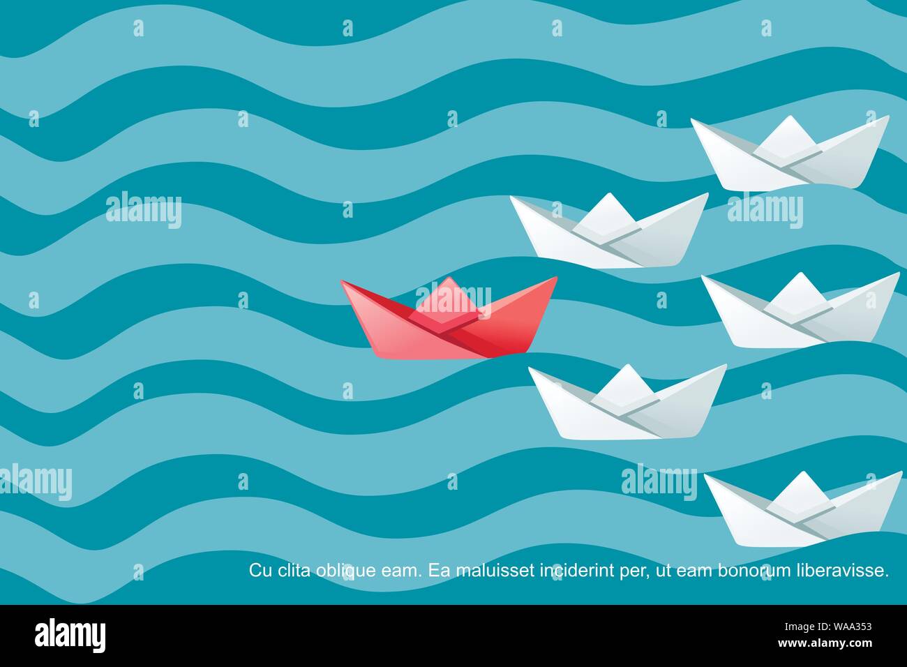 Folded paper boats on water waves following the leader abstract concept