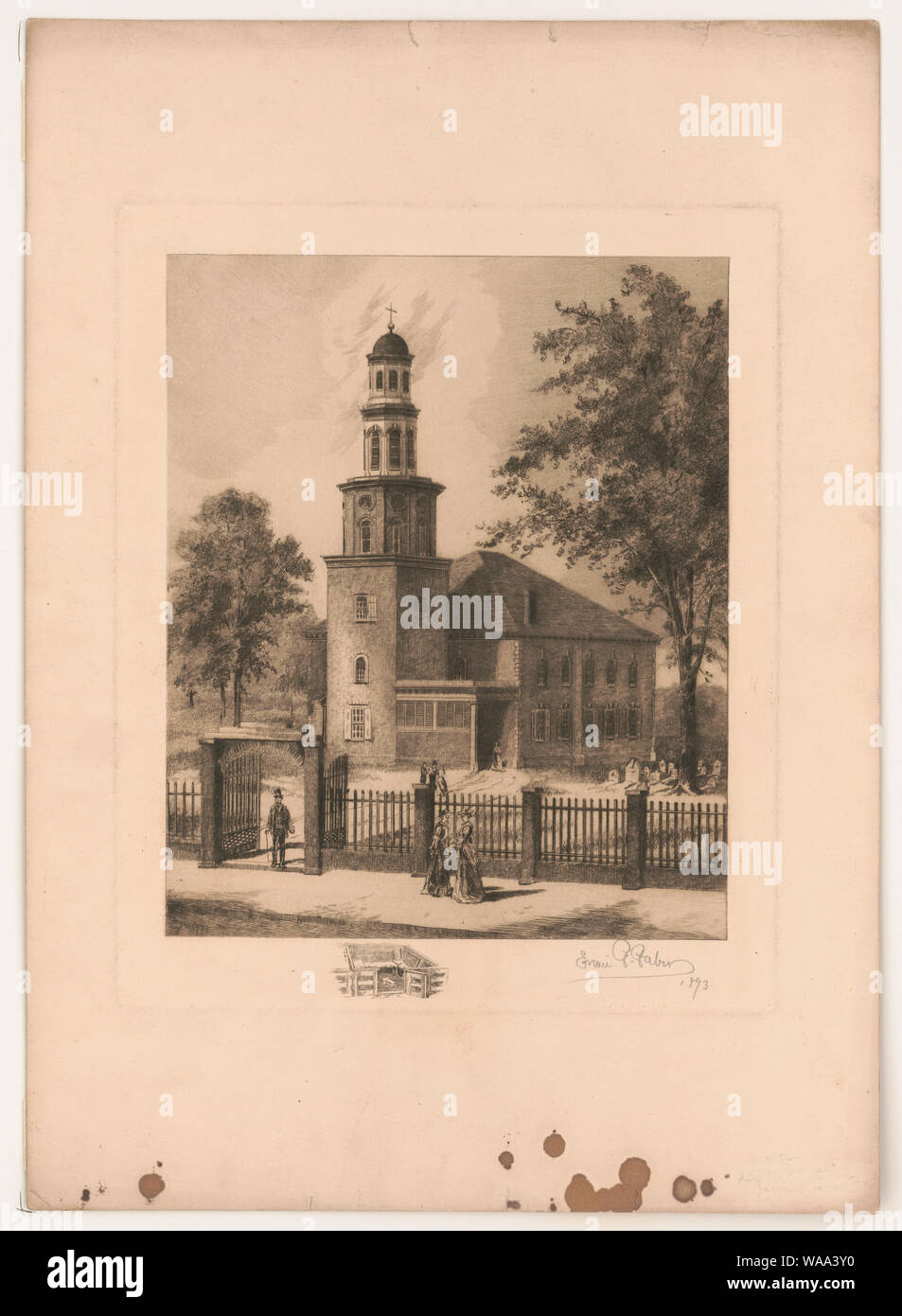 Christ Church Alex., Va Abstract: Print shows an exterior view of Christ Church in Alexandria, Virginia, with fence and gate along sidewalk in the foreground and a small cemetery beneath a tree on the right. Also shows two women standing on the sidewalk and a man standing at the gate, other people between the gate and the church, and a woman standing at the entrance to the church. Includes a remarque at bottom center showing the interior of a pew. Stock Photo
