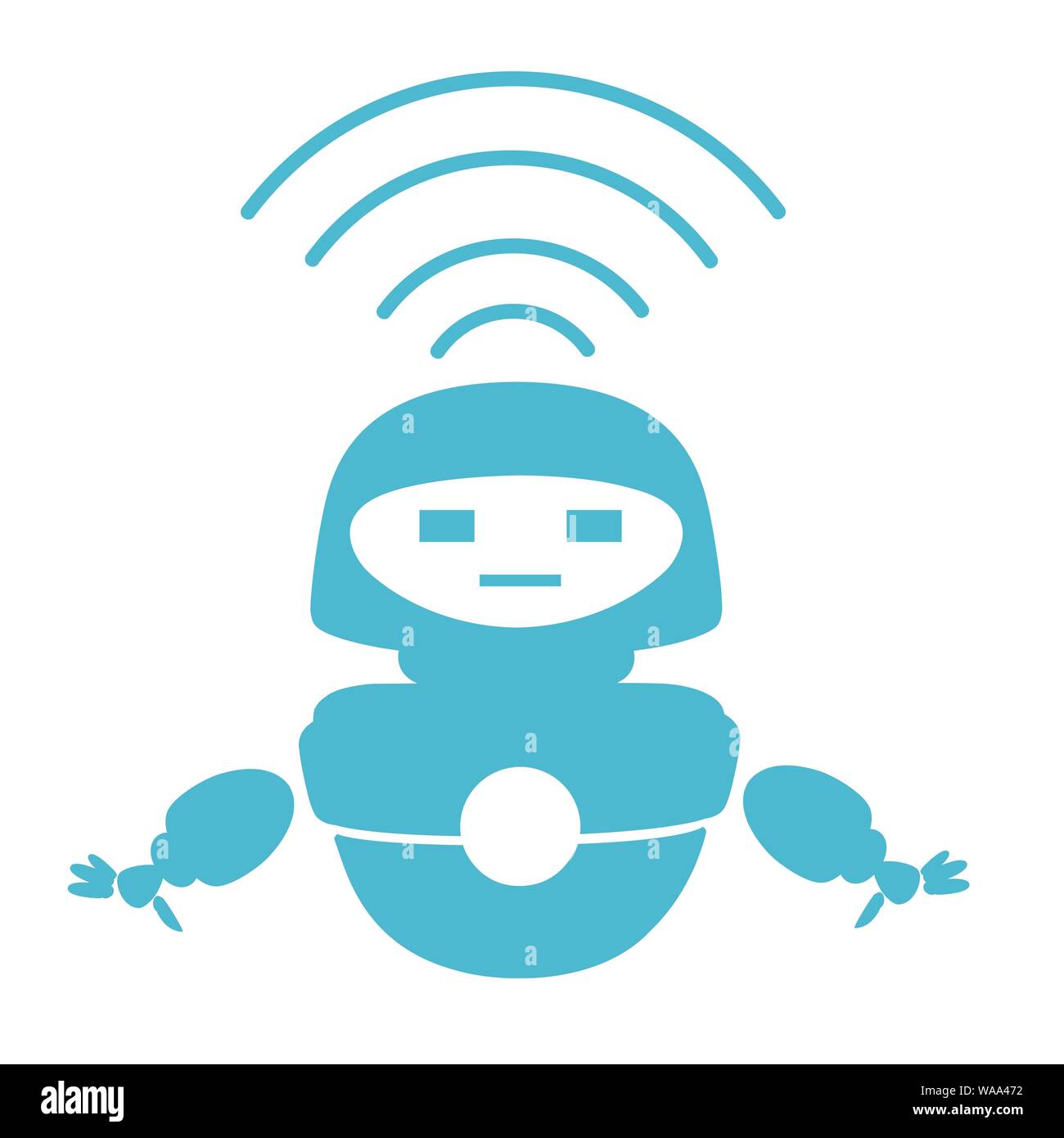 Blue silhouette cute white modern levitating robot with wi-fi module flat vector illustration isolated on white background. Stock Vector