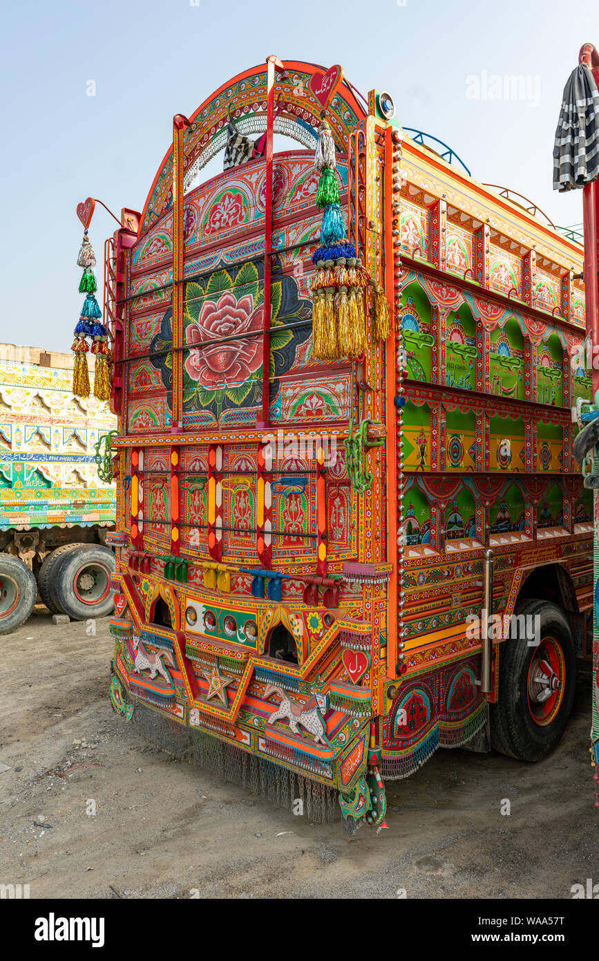 Rear view of Truck painted with Famous Pakistani Truck art Stock Photo