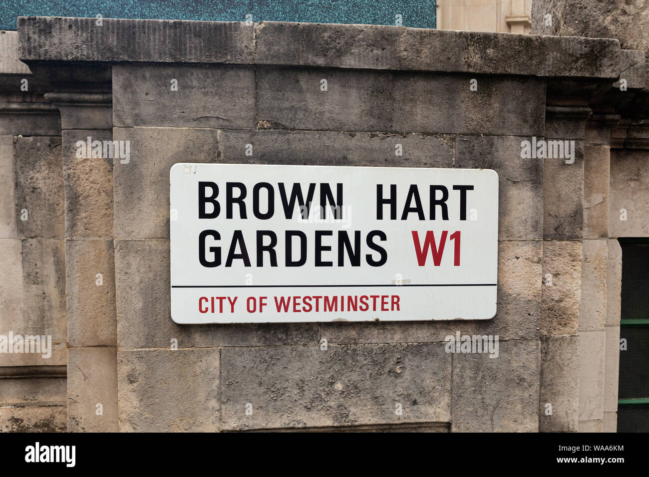 London / UK - July 18, 2019: Brown Hart Gardens name sign, City of Westminster. Located off Duke Street, Mayfair, it is a public garden on top of an e Stock Photo