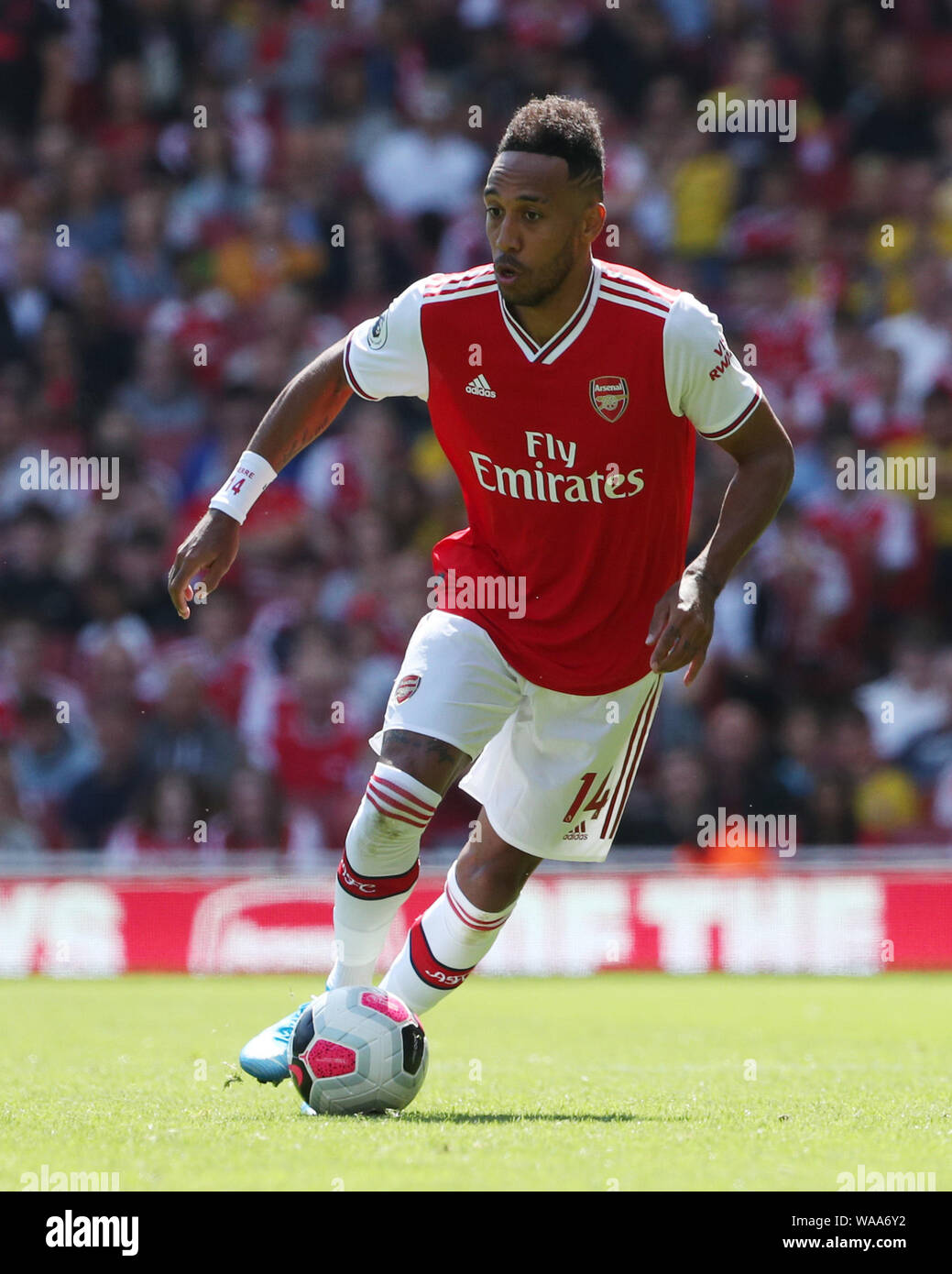 Arsenal's Pierre-Emerick Aubameyang during the Premier League match at the Emirates Stadium, London. PRESS ASSOCIATION Photo. Picture date: Saturday August 17, 2018. Photo credit should read: Yui Mok/PA Wire. RESTRICTIONS: No use with unauthorised audio, video, data, fixture lists, club/league logos or "live" services. Online in-match use limited to 120 images, no video emulation. No use in betting, games or single club/league/player publications. Stock Photo