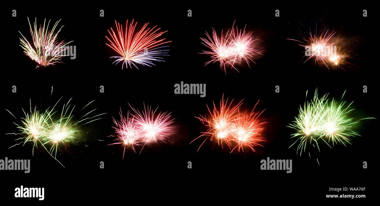 Beautiful Fireworks isolated on black collage, celebration and new year concept Stock Photo