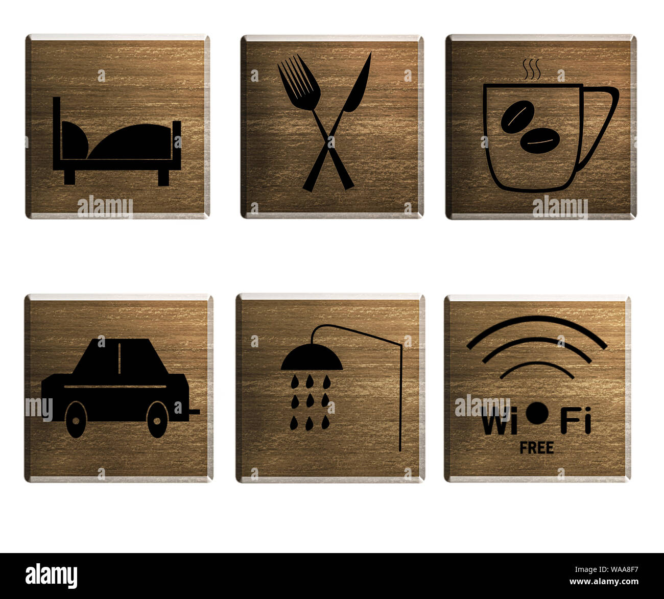 Motel illustrated icons collection. Symbol of bed, shower, cutlery, car, coffee and free Wi-Fi on old wooden boards. Stock Photo