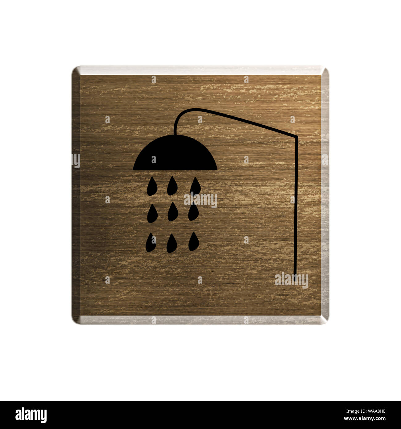 Illustration. Hotel wooden badge with shower symbol. Bathroom available. Stock Photo