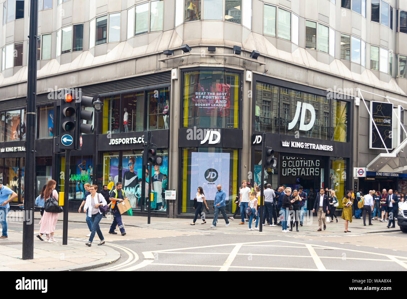 London / UK - July 18, 2019: JD Sports store on the Oxford Street. JD is a sports-fashion retail company based in Bury, Greater Manchester with shops Stock Photo