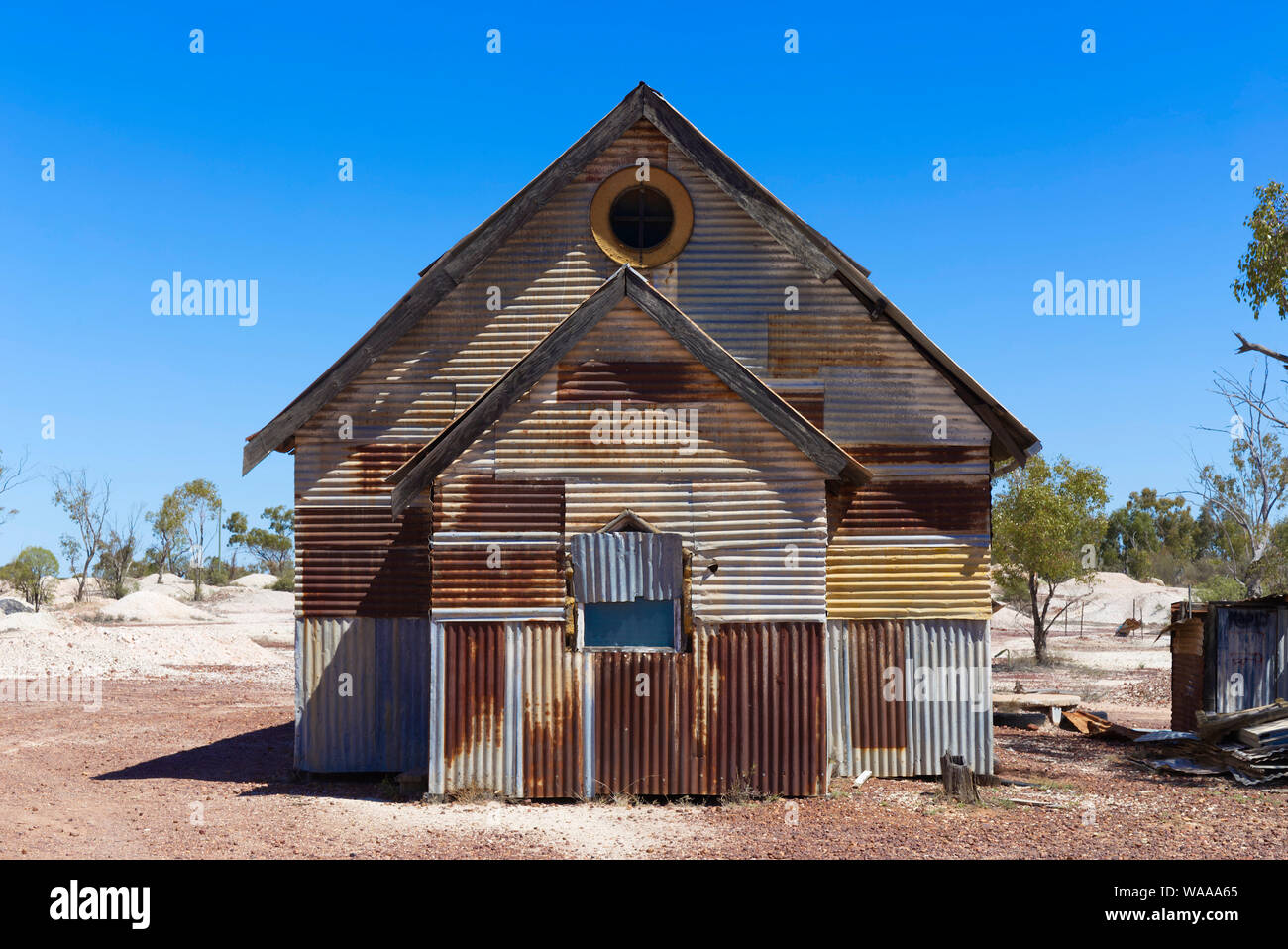 The Corrugated Iron Church was built as part of the 'Goddess of 1967'  movie film set in Lightning Ridge  New South Wales Australia Stock Photo