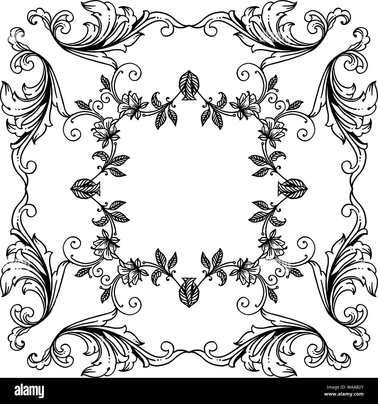 Vintage floral frame in colors black and white, for various design of greeting card. Vector