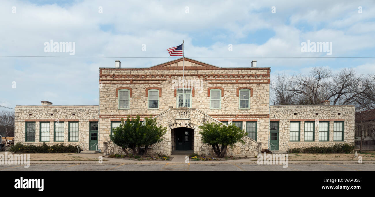City hall in Castroville, Texas. The building was the first permanent county courthouse for Medina County before the county seat was moved to Hondo, Texas. The building became a school and then city hall Stock Photo