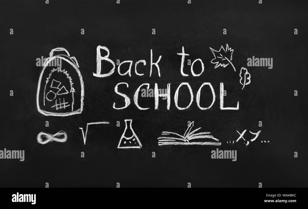 Back to school concept. Top view banner, sketch with text on classroom  blackboard  cover of the site Stock Photo - Alamy