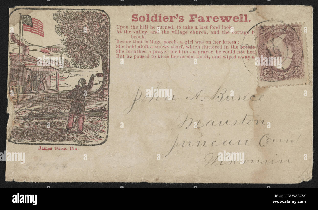 Civil War envelope showing a soldier waving goodbye to people on a porch with message Soldier's farewell and verses from a song Stock Photo