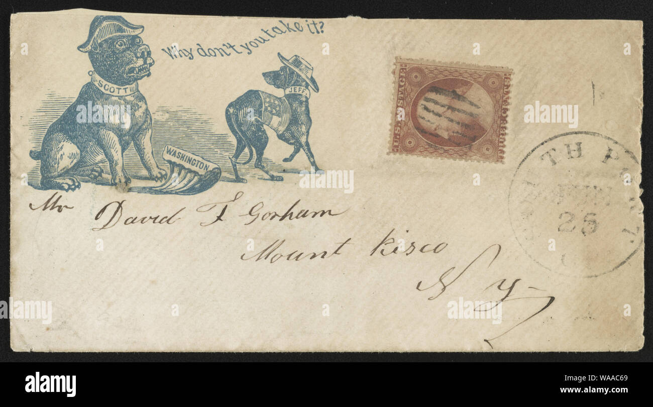 Civil War envelope showing caricatures of Winfield Scott and Jefferson Davis as dogs and Washington, D.C., as a cut of meat, with message Why don't you take it Stock Photo