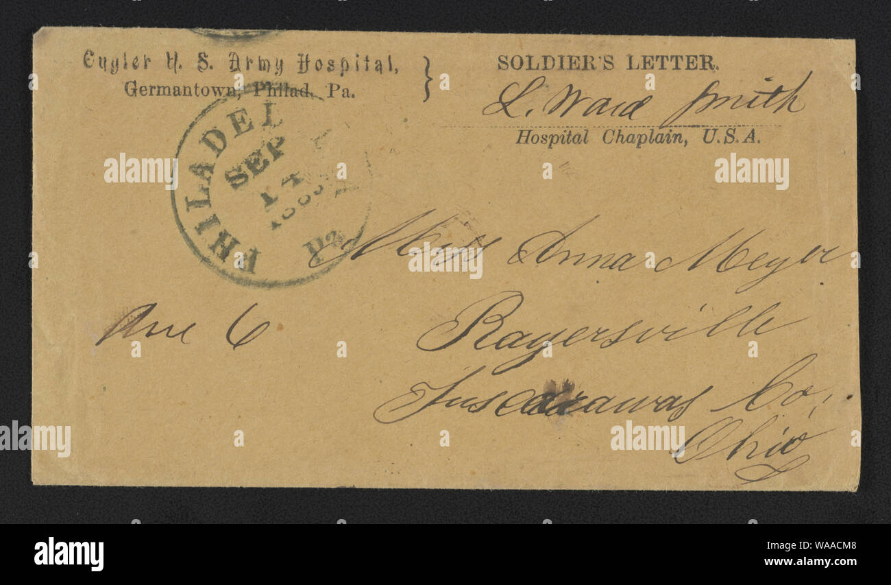 Civil War envelope with message Soldier's letter from Cuyler U.S. Army Hospital, Germantown, Philadelphia, Pennsylvania, signed by L. Ward Smith, Hospital Chaplain Stock Photo