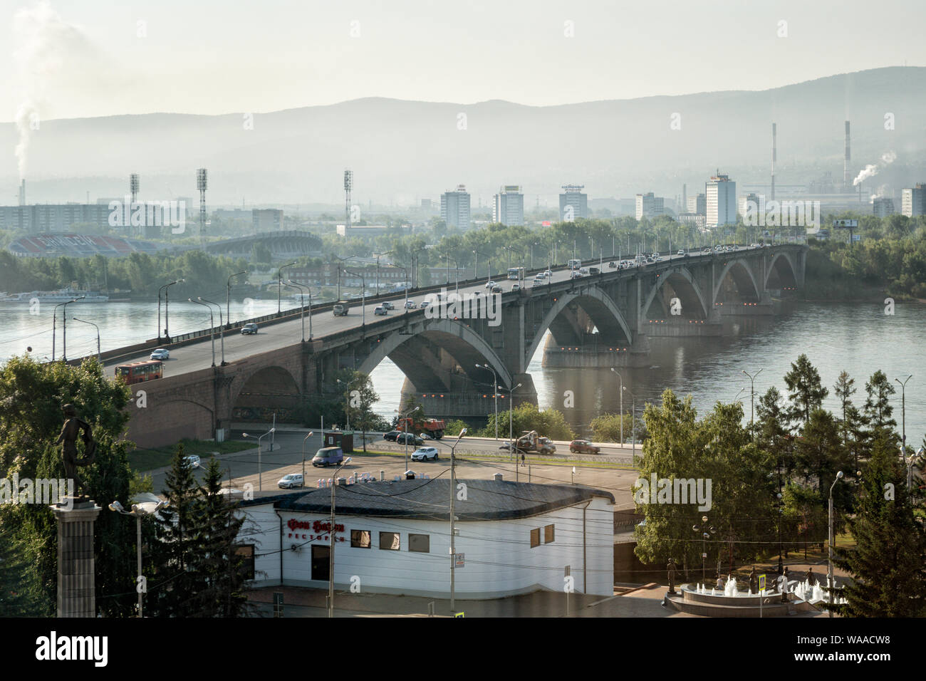 Communal bridge and Yenisei River in the center of Krasnoyarsk, Siberia, Russia Stock Photo