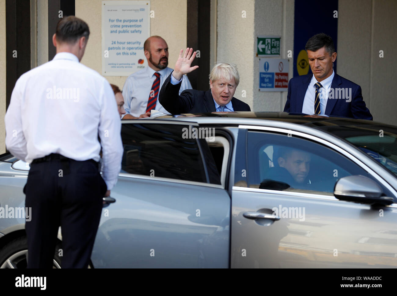 Prime Minister Boris Johnson leaves after a visit to the Royal Cornwall Hospital in Truro, Cornwall. Stock Photo