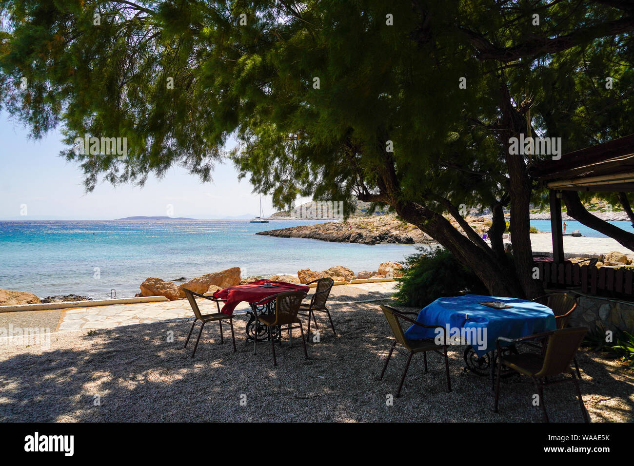 The beach and Mediterranean Sea, Cape Sounion, Attica, Greece Stock Photo